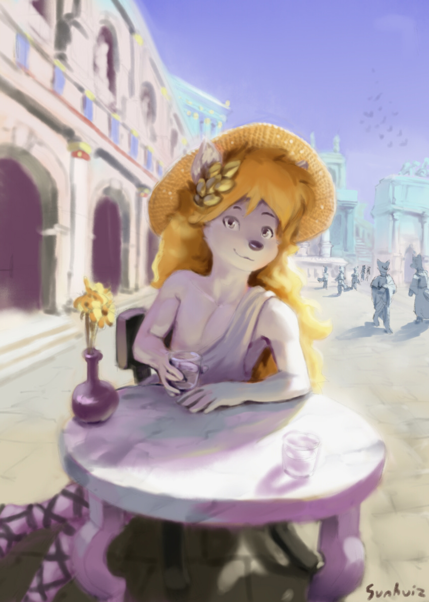 anthro architecture blonde_hair canid canine clothing container cup flower footwear glass glass_container glass_cup group hair hat headgear headwear hi_res laurel_wreath looking_at_viewer male mammal marble outside plant robe roman sandals smile straw_hat sunhuiz white_body