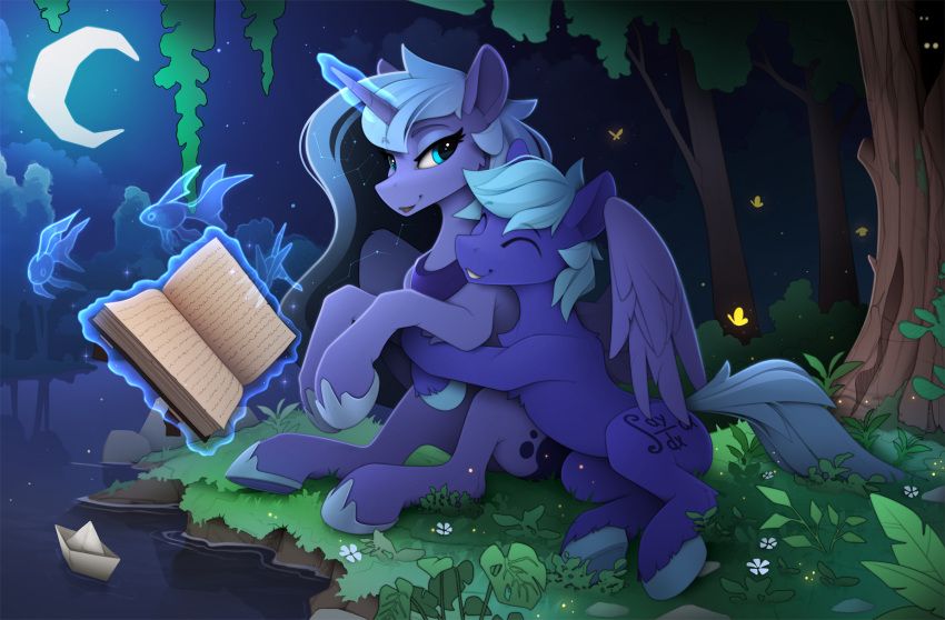 arthropod book butterfly crescent_moon duo embrace equid equine eyes_closed fan_character female flower friendship_is_magic glowing glowing_horn hasbro hi_res horn hug insect lepidopteran male mammal moon my_little_pony night paper_boat pegasus plant princess_luna_(mlp) star winged_unicorn wings yakovlev-vad