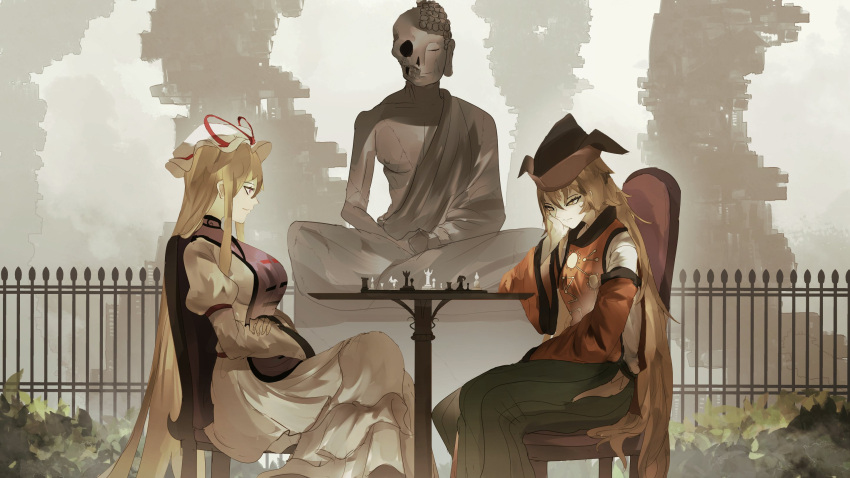 2girls blonde_hair board_game buddha chess chess_piece constellation_print dress fence green_skirt hand_on_own_face hat highres long_hair matara_okina mob_cap multiple_girls naufaldreamer outdoors sitting skeleton skirt statue tabard table touhou white_dress white_headwear yakumo_yukari yellow_eyes