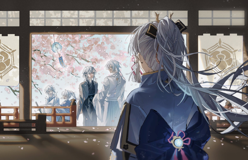 2boys 2girls architecture armor armored_dress bangs blunt_bangs blush brother_and_sister cherry_blossoms closed_mouth commentary east_asian_architecture falling_petals father_and_daughter father_and_son genshin_impact hair_ornament hakama hakama_pants highres husband_and_wife iamkumaaa japanese_clothes kamisato_ayaka kamisato_ayato kamisato_kayo light_blue_hair long_hair looking_at_viewer looking_back mother_and_daughter mother_and_son multiple_boys multiple_girls open_mouth pants petals ponytail remembering siblings smile tree vision_(genshin_impact) wide_sleeves wind wind_chime younger