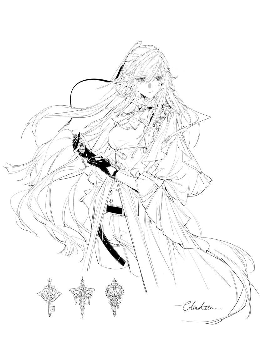 1girl absurdres arknights belt chuzenji clock earrings gladiia_(arknights) gladiia_(return)_(arknights) gloves greyscale hair_ornament highres jewelry long_hair long_sleeves monochrome necktie pants pointy_ears sketch white_background