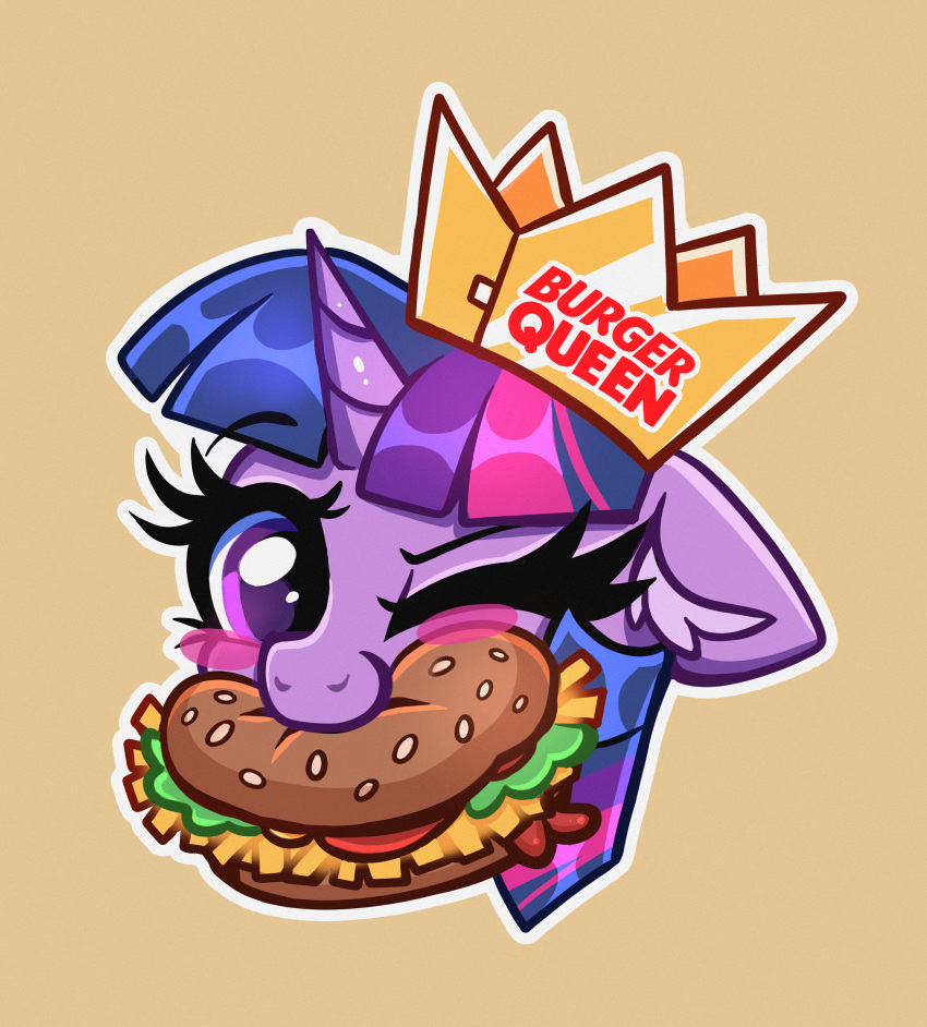 absurd_res blush blush_stickers burger confetticakez crown eating equid equine food friendship_is_magic hair hi_res horn looking_at_viewer mammal my_little_pony one_eye_closed paper_crown portrait_(object) purple_eyes purple_hair ravensun solo twilight_sparkle_(mlp) unicorn wink winking_at_viewer