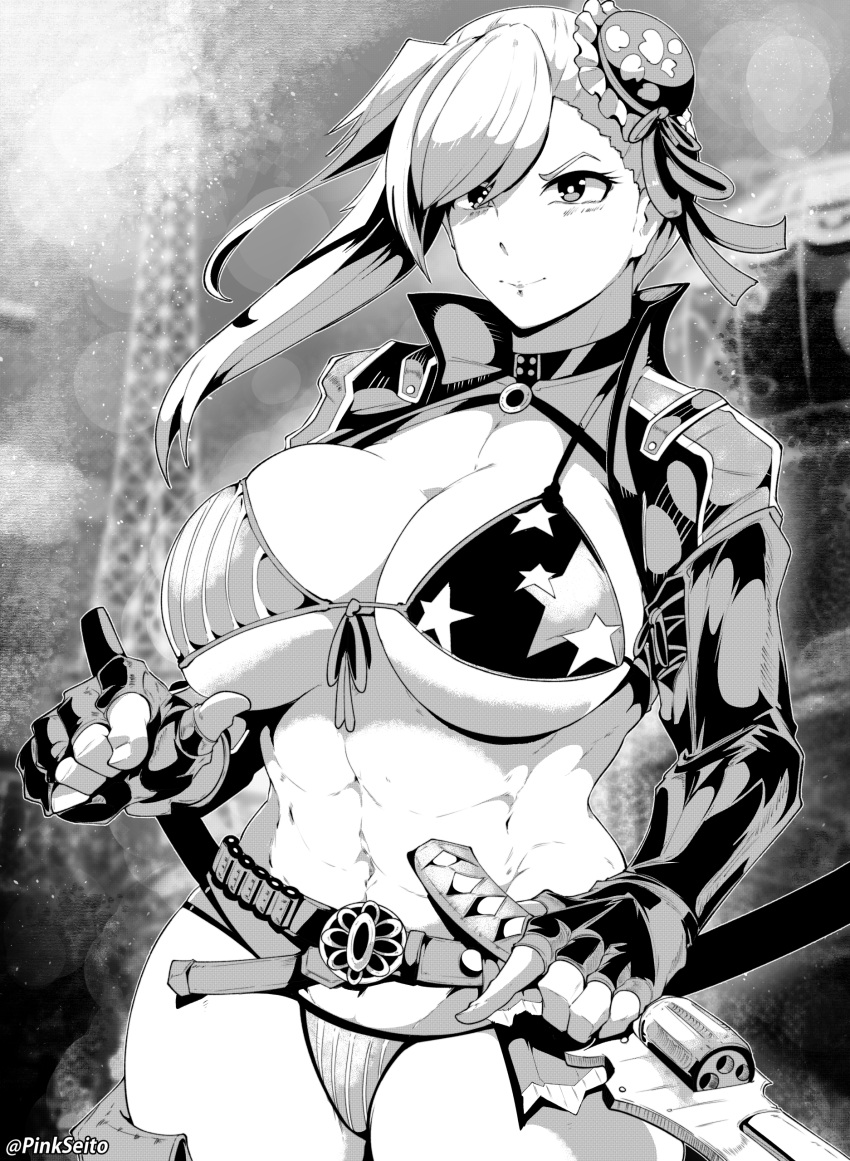 &gt;:) 1girl abs absurdres alternate_breast_size american_flag_bikini asymmetrical_hair bikini breasts bun_cover choker closed_mouth cowboy_shot day fate/grand_order fate_(series) fingerless_gloves flag_print floating_hair front-tie_bikini front-tie_top gloves greyscale gunblade highres holding holding_weapon huge_breasts long_hair long_sleeves looking_at_viewer miyamoto_musashi_(fate) miyamoto_musashi_(swimsuit_berserker)_(fate) monochrome navel outdoors paid_reward_available pink_seito pointing pointing_at_viewer side_bun side_ponytail skindentation smile solo stomach swimsuit toned v-shaped_eyebrows weapon