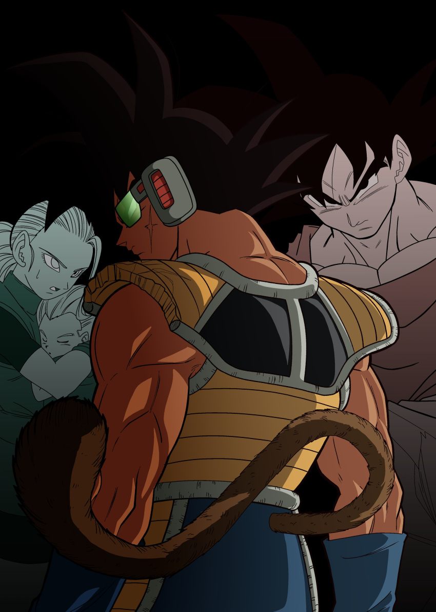 1girl 3boys absurdres armor bardock black_background black_outline blue_armband blue_pants broken_armor brown_fur dragon_ball dragon_ball_super english_commentary from_behind granolah_(dragon_ball) highres iamthetrev light looking_to_the_side male_focus monkey_tail muezli_(dragon_ball) multiple_boys muscular muscular_male outline pants red_wristband saiyan_armor scar scar_on_cheek scar_on_face scouter serious shoulder_armor simple_background solo_focus son_goku spiked_hair tail wristband