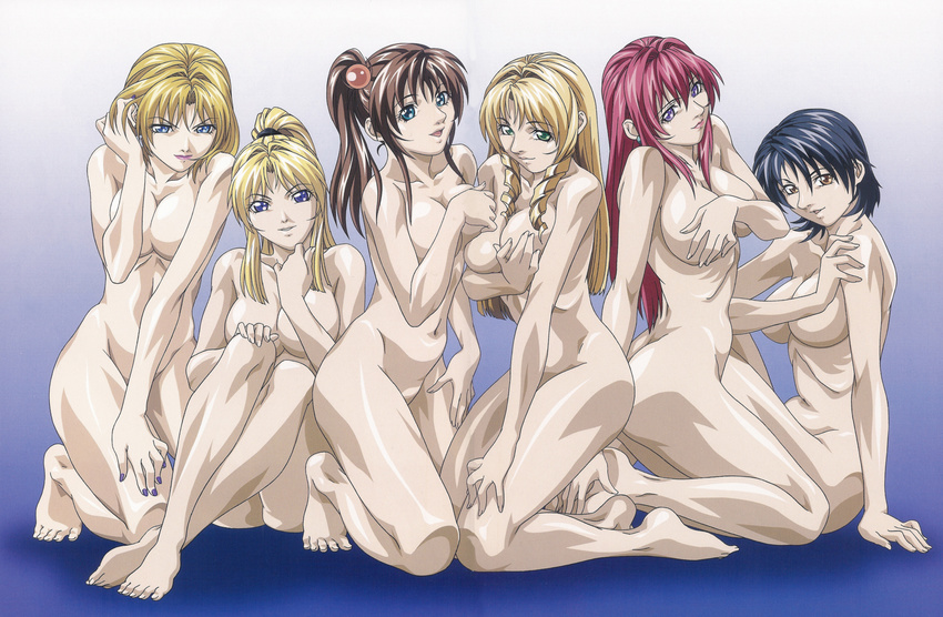 adjusting_hair aqua_eyes arm_support ass asymmetrical_docking barefoot bible_black blonde_hair blue_eyes blue_hair breast_hold breast_press breast_squeeze breasts brown_hair cleavage convenient_arm convenient_leg covering covering_breasts drill_hair earrings feet green_eyes groin hair_bobbles hair_ornament harem head_tilt highres imari_kurumi jewelry kitami_reika kneeling large_breasts lineup lipstick long_hair looking_at_viewer makeup minase_yukiko multiple_girls nail_polish naughty_face nude orange_eyes parted_lips pink_hair pink_lipstick ponytail purple_eyes purple_nails ribs saeki_kaori shiraki_rika short_hair side_ponytail sitting smile takashiro_hiroko take_your_pick teasing twin_drills twintails yoshiten