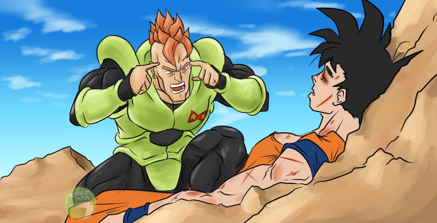 armor artist_name black_hair blue_eyes blue_shirt blue_wristband bodysuit bruise bruised_eye closed_eyes cloud cloudy_sky cuts dougi dragon_ball dragon_ball_fighterz dragon_ball_z earrings english_commentary green_armor injury invincible_(series) jewelry lying meme mohawk muscular muscular_male on_back on_ground open_mouth orange_hair orange_pants orange_shirt pants plantsa_man red_ribbon_army shirt sky spiked_hair stone think_mark_think!_(meme) watermark wristband