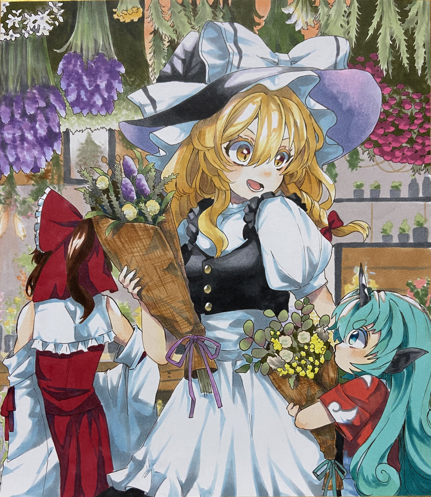 3girls absurdres apron aqua_hair aqua_ribbon black_headwear black_vest blonde_hair blue_eyes bouquet bow brown_hair cloud_print commentary_request detached_sleeves flower flower_shop frilled_bow frills from_below hair_between_eyes hair_bow hakurei_reimu hat hat_bow highres holding holding_bouquet horns kariyushi_shirt kirisame_marisa komano_aunn long_hair looking_at_another marker_(medium) medium_hair multiple_girls pink_flower plant potted_plant puffy_short_sleeves puffy_sleeves purple_flower red_bow red_shirt red_skirt ribbon shirt shop short_sleeves single_horn skirt sleeve_ribbon sleeveless sleeveless_shirt touhou traditional_media uchisaki_himari v-shaped_eyebrows vest waist_apron white_apron white_bow white_shirt wide_sleeves witch_hat yellow_eyes yellow_flower