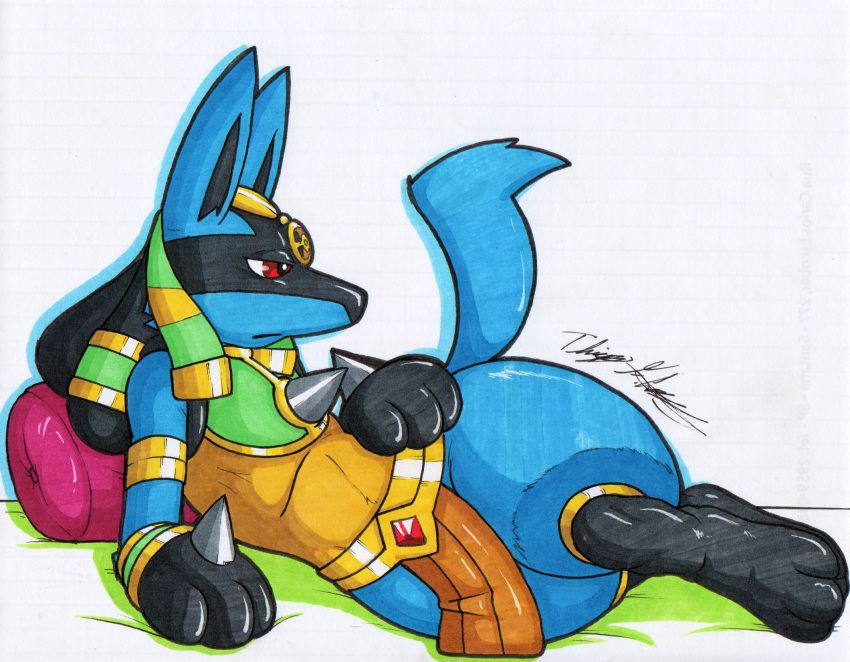 anthro blue_body blue_fur clothing fur hi_res jewelry lucario lying male mammal nintendo on_side pillow pok&eacute;mon pok&eacute;mon_(species) pokemon_unite red_eyes rotten_owl ruins_style_lucario simple_background solo traditional_media_(artwork) video_games white_background wide_hips