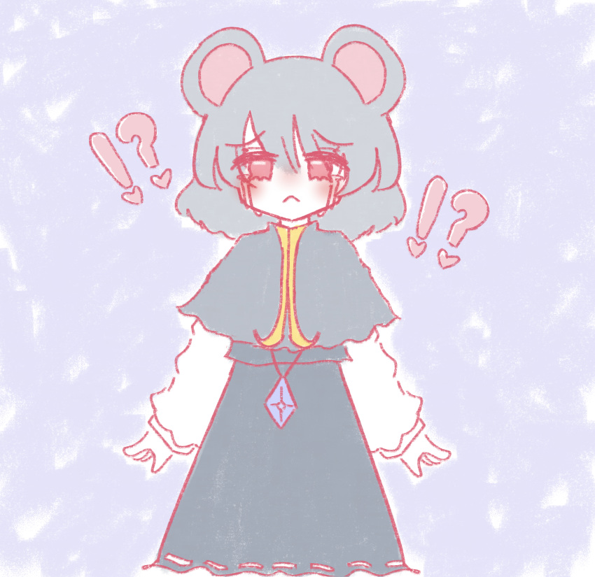 ! !? 1girl ? animal_ears bad_deviantart_id bad_id cookie_(touhou) crying crying_with_eyes_open diamond_(gemstone) dress grey_dress grey_hair heart highres jewelry layered_clothes layered_dress long_sleeves melansoda mouse_ears necklace nyon_(cookie) red_eyes tears touhou