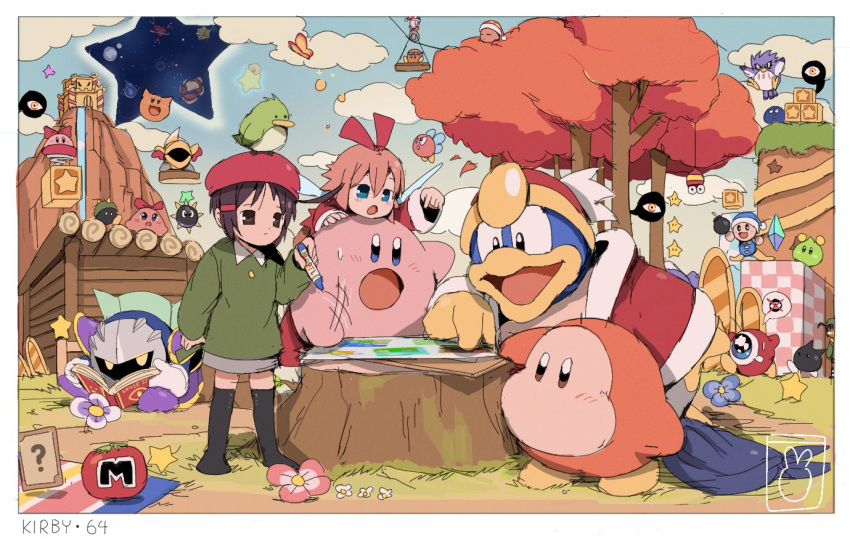 2girls adeleine bandana_waddle_dee bendedede beret blue_eyes book bronto_burt brown_eyes brown_hair bug butterfly castle chuchu_(kirby) coo_(kirby) copyright_name dark_matter fairy fairy_wings gameplay_mechanics gooey_(kirby) gordo hat holding holding_book king_dedede kirby kirby's_dream_land_2 kirby's_dream_land_3 kirby_(series) kirby_64 long_sleeves maxim_tomato meta_knight multiple_girls open_book pitch_(kirby) poppy_bros_jr ribbon_(kirby) scarfy sir_kibble tree waddle_dee waddle_doo wings