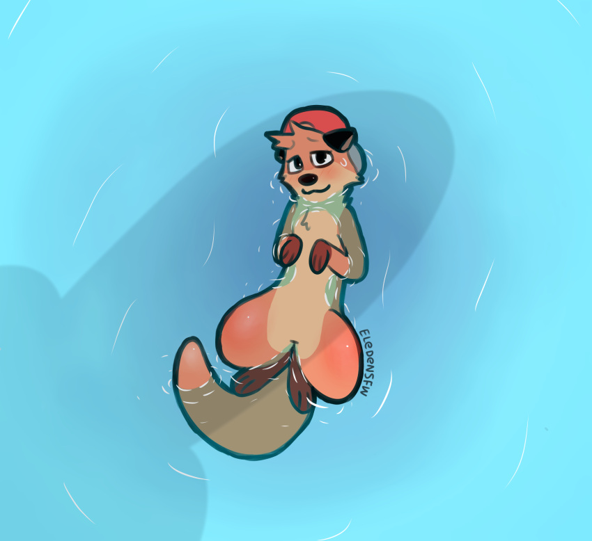 anthro baseball_cap blush chester_the_otter clothing eledensfw floating hat hat_only headgear headgear_only headwear headwear_only hi_res looking_at_viewer lutrine male mammal mostly_nude mustelid nude penis_shadow shadow solo water