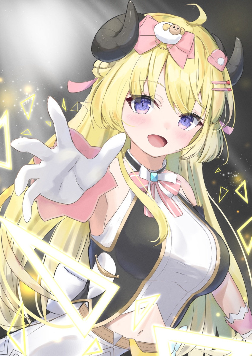 1girl :d ahoge animal_ears belt blonde_hair blush bow braid breasts clothing_cutout french_braid gloves hair_bow hair_ornament hairclip half_updo halter_top halterneck highres hololive hololive_idol_uniform horns idol large_breasts long_hair looking_at_viewer mizuhi_kou navel navel_cutout official_alternate_costume purple_eyes reaching_out sheep_ears sheep_girl sheep_hair_ornament sheep_horns sleeveless smile solo tsunomaki_watame virtual_youtuber white_gloves wrist_cuffs