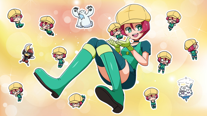 1girl :d bangs beartic bisharp black_choker boots bright_pupils chibi choker collarbone commentary_request georgia_(pokemon) green_eyes green_footwear green_shirt green_vest hair_between_eyes hat highres knee_boots knees_together_feet_apart mori_hayaki open_mouth outline pokemon pokemon_(anime) pokemon_bw_(anime) shirt short_hair short_sleeves smile teeth thighhighs tongue upper_teeth vanilluxe vest white_pupils yellow_headwear zettai_ryouiki