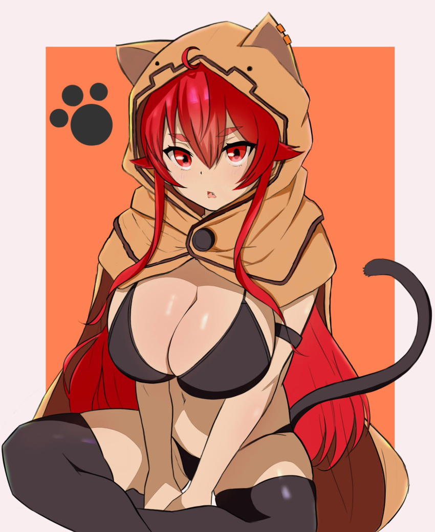 1girl ahoge animal_hood bangs black_bra bra breasts bunching_hair cat_hood cat_tail crossed_bangs eris_greyrat hair_between_eyes highres hood large_breasts long_hair mushoku_tensei ponzu005 red_eyes red_hair tail thick_eyebrows thighhighs underwear