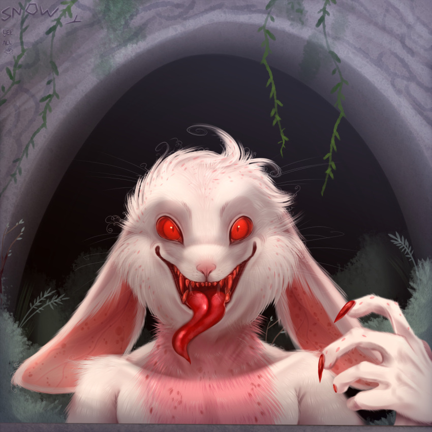 anthro blood bodily_fluids carnivore cave claws creepy creepy_smile fangs fur hare hi_res lagomorph leporid male mammal markings nails outside pink_body pink_fur plant rabbit realistic red_body red_eyes red_fur red_markings red_tongue saliva semi-realistic sharp_nails signature smile snowyseal solo spots teeth tongue tongue_out vein white_body white_fur