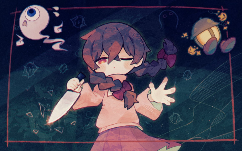 1girl against_fourth_wall bangs braid brown_hair fourth_wall ghost hair_ribbon holding holding_knife kekorin5 knife lantern madotsuki one_eye_closed pink_sweater red_ribbon ribbon skirt solo sweater twin_braids weapon yume_nikki