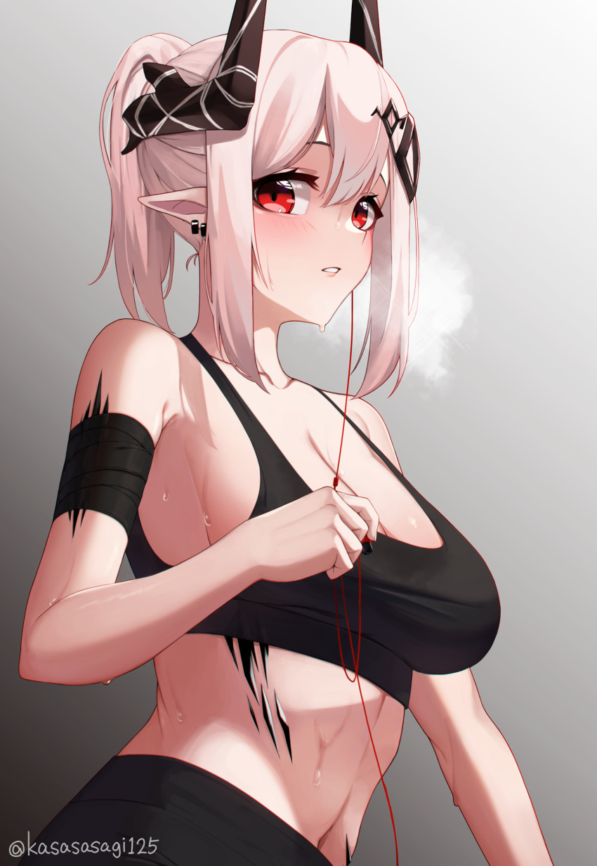1girl arknights bandaged_arm bandages bangs bare_shoulders black_sports_bra blush breasts cleavage earphones earrings eyebrows_behind_hair gradient gradient_background grey_background hair_ornament heavy_breathing highres holding horns jewelry kasasasagi large_breasts long_hair looking_at_viewer mudrock_(arknights) navel oripathy_lesion_(arknights) parted_lips pointy_ears ponytail red_eyes sidelocks skindentation solo sports_bra sweat symbol-only_commentary upper_body white_hair