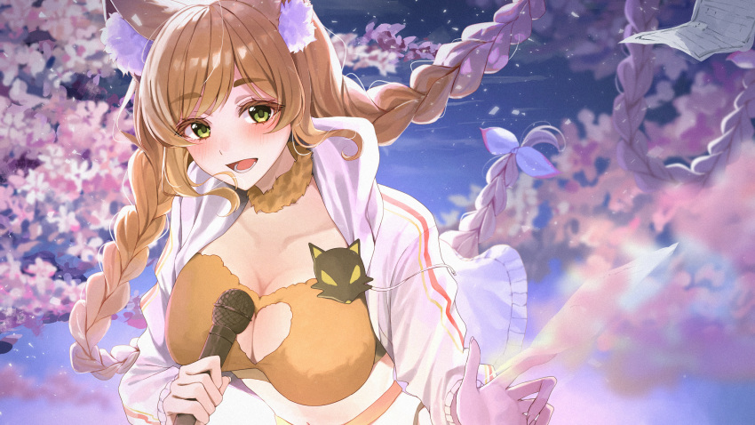 1girl :d amyu_(amm_asl_pa) animal_ear_fluff animal_ears blush bow braid branch breasts cherry_blossoms cleavage cleavage_cutout clothing_cutout commentary crop_top eyebrows_visible_through_hair floating_hair flower fur_collar green_eyes hair_bow heart_cutout highres holding holding_microphone hood hooded_jacket indie_virtual_youtuber jacket kuon_natsume large_breasts light_brown_hair long_hair looking_at_viewer microphone open_clothes open_jacket open_mouth paper smile solo twin_braids twintails upper_body virtual_youtuber white_bow white_jacket wolf_ears wolf_girl