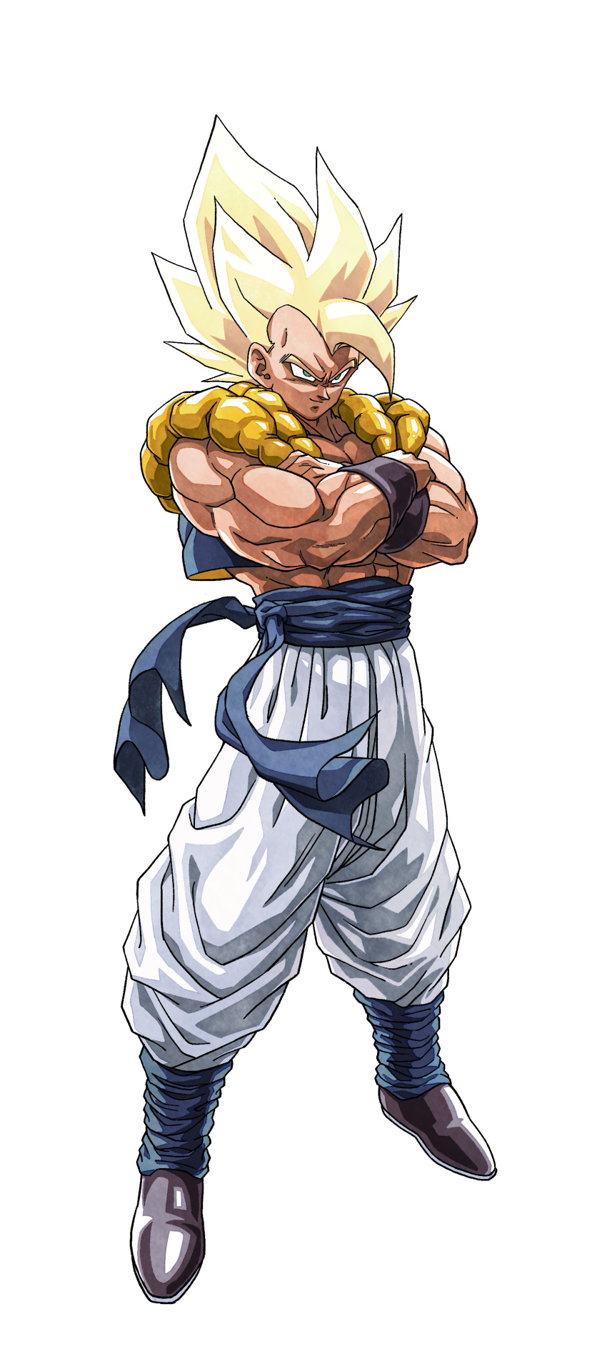 1boy absurdres baggy_pants black_wristband blonde_hair blue_sash commentary crossed_arms dragon_ball dragon_ball_super dragon_ball_super_broly dragon_ball_z english_commentary gogeta green_eyes highres knew_sky male_focus metamoran_vest mixed-language_commentary muscular muscular_male pants retro_artstyle sash shoes smirk solo spiked_hair super_saiyan super_saiyan_1 white_pants wristband