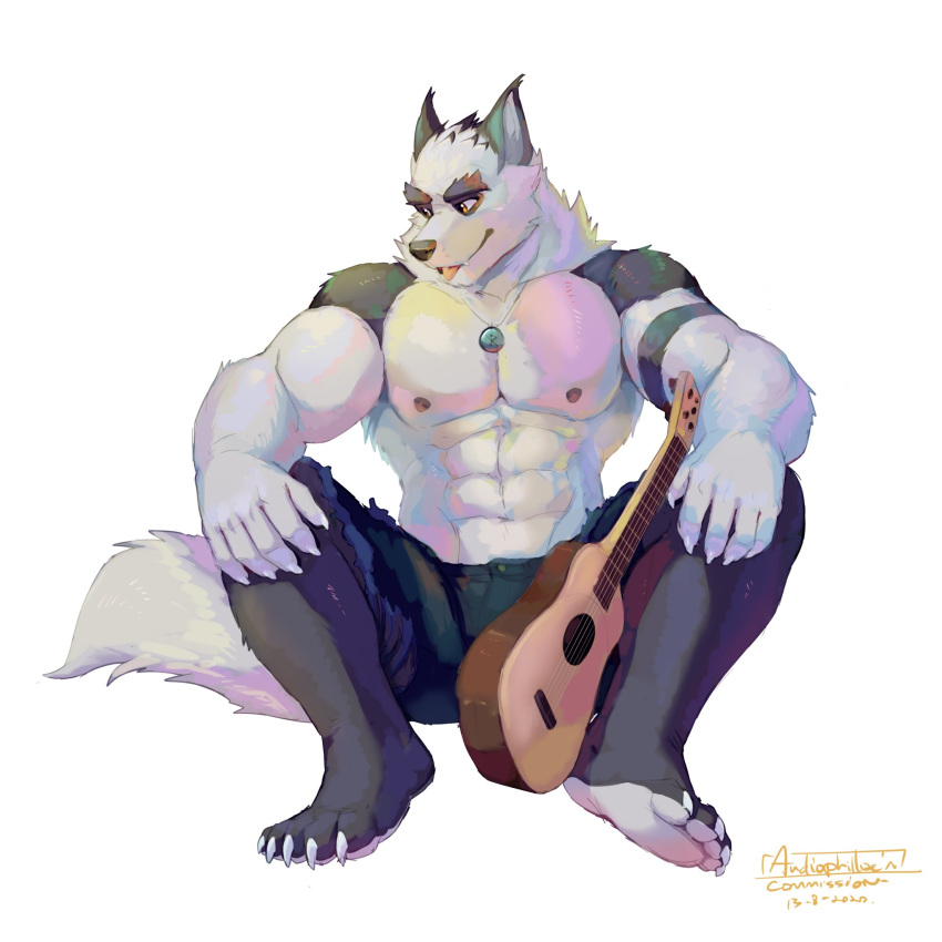 anthro black_body black_fur black_legs blep canid canine canis cx fur grey_body grey_fur guitar hands_on_knees hi_res humanoid male mammal merfiller musical_instrument plucked_string_instrument sitting solo string_instrument tongue tongue_out wolf