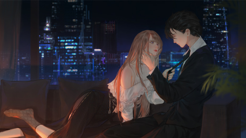 1boy 1girl absurdres black_skirt blonde_hair building character_request couch dress highres holding_tie linsai_qwq looking_up night pillow skirt skyscraper smile socks tuxedo white_dress window yue_dui_yan_yi