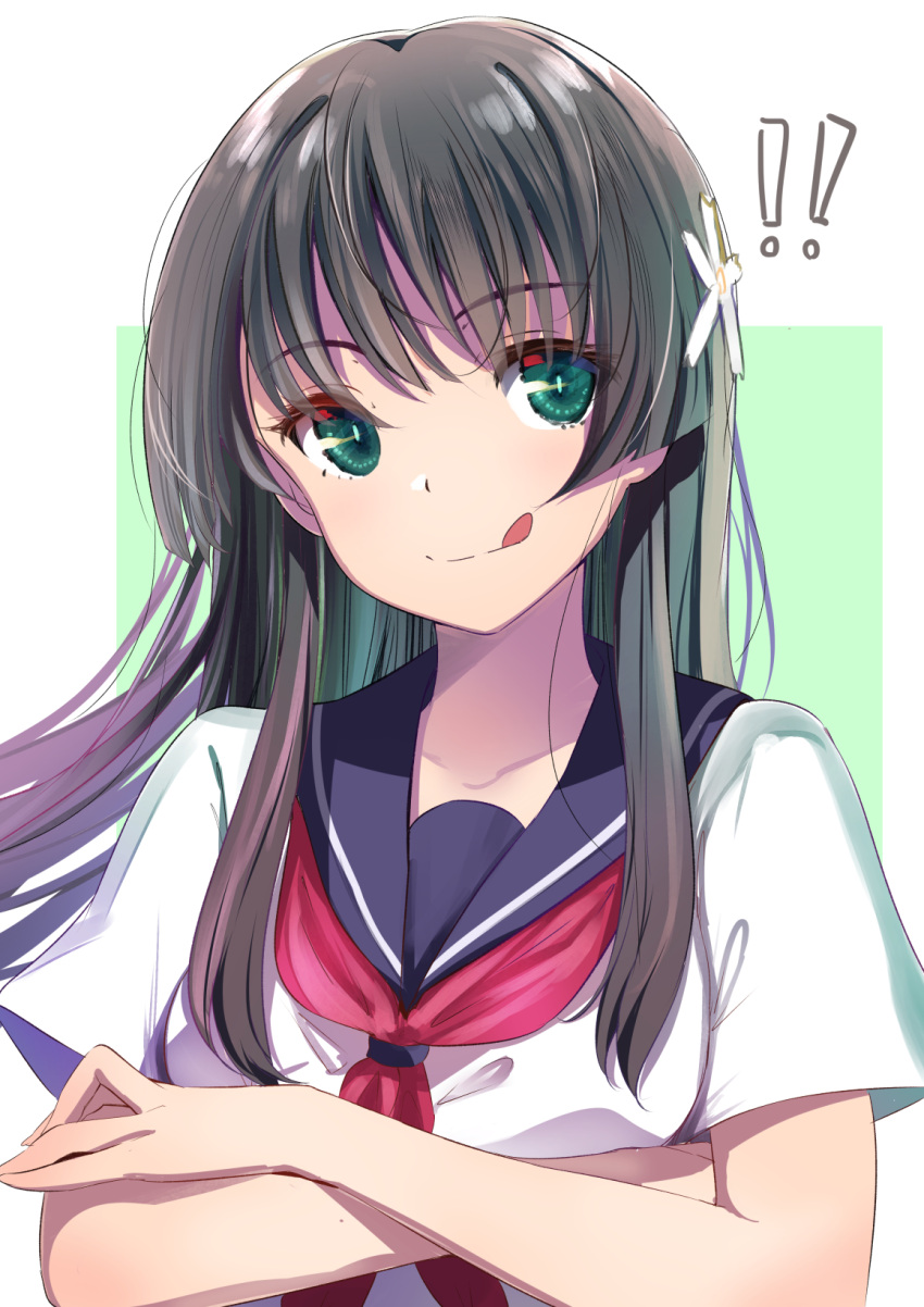 1girl bangs black_hair closed_mouth crossed_arms eyebrows_visible_through_hair flower green_eyes hair_flower hair_ornament highres long_hair red_ribbon ribbon saten_ruiko school_uniform schreibe_shura serafuku simple_background smile solo toaru_kagaku_no_railgun toaru_majutsu_no_index tongue tongue_out white_background