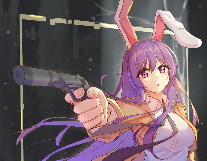 1girl absurdres animal_ears black_necktie brown_jacket collared_shirt commentary_request diving_penguin foreshortening grey_background gun handgun highres holding holding_gun holding_weapon jacket long_hair necktie open_mouth purple_eyes purple_hair rabbit_ears reisen_udongein_inaba shirt simple_background solo suppressor touhou upper_body very_long_hair weapon white_shirt