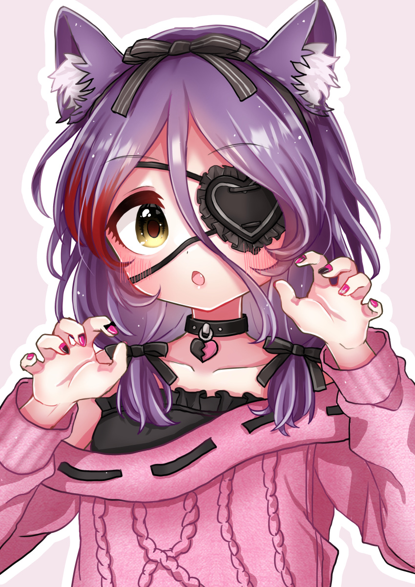 1girl :o absurdres animal_ear_fluff animal_ears black_choker black_hairband black_nails blush bow_hairband choker claw_pose collarbone eyebrows_visible_through_hair eyelashes eyepatch fingernails hair_between_eyes hairband hayasaka_mirei heart heart_eyepatch highres idolmaster idolmaster_cinderella_girls jewelry looking_at_viewer low_twintails marieshi medium_hair multicolored_nails nail_polish open_mouth pendant pink_nails pink_sweater purple_hair sweater twintails yellow_eyes