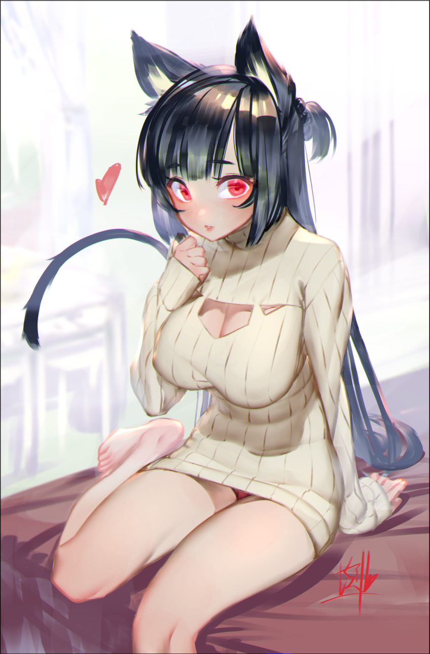 animal_ears bangs bare_legs barefoot bedside black_hair blunt_bangs blush breast_suppress breasts cat_ears cat_girl cat_tail cleavage cleavage_cutout clothing_cutout covered_nipples dress hand_up heart highres kawarage knees large_breasts long_hair looking_at_viewer original panties pantyshot red_eyes ribbed_sweater signature sitting sleeves_past_wrists sweater sweater_dress tail tan_sweater underwear very_long_hair