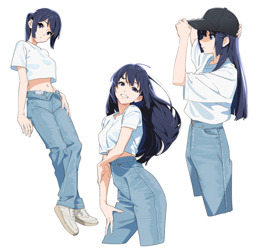 1girl adjusting_clothes adjusting_headwear arm_at_side arm_under_breasts arms_at_sides arms_up baseball_cap black_hair blue_eyes blush breasts commentary denim hand_on_own_thigh hat highres jeans kamo_kamen leaning_back long_hair looking_afar looking_at_viewer medium_breasts midriff multiple_views navel open_fly open_pants original pants pose shirt shoes simple_background smile sneakers solo standing straight_hair unbuttoned white_background white_footwear white_shirt