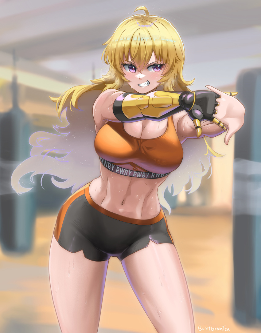 1girl abs ahoge artist_name blonde_hair blurry blurry_background breasts burnt_green_tea cleavage copyright_name cowboy_shot eyebrows_visible_through_hair grin hair_between_eyes highres large_breasts long_hair mechanical_arms midriff navel parted_lips punching_bag purple_eyes rwby shorts single_mechanical_arm smile solo sports_bra standing stretch sweat teeth watermark yang_xiao_long