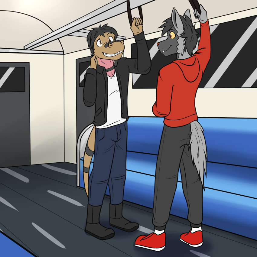 anthro anthrofied bottomwear clothed clothing duo footwear fully_clothed fuze hi_res hoodie jacket krokorok male nintendo pants pawl_(fuze) pok&eacute;mon pok&eacute;mon_(species) pok&eacute;morph poochyena roen_(fuze) shoes subway topwear video_games