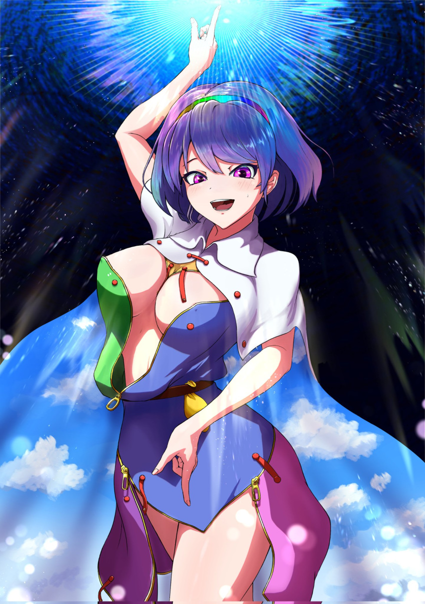 1girl bangs blue_hair breasts cape cowboy_shot highres large_breasts looking_at_viewer multicolored_clothes multicolored_hairband open_mouth pepelonthi pink_eyes pointing pointing_down pointing_up short_hair sky_print smile solo standing tenkyuu_chimata touhou white_cape zipper