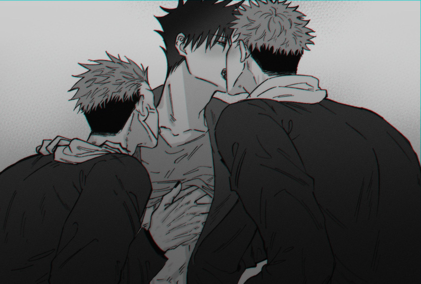 3boys blush collarbone commentary_request french_kiss fushiguro_megumi fushirun_rung groping group_sex hair_between_eyes hand_under_clothes hand_under_shirt highres hood hoodie itadori_yuuji jacket jujutsu_kaisen kiss korean_commentary long_sleeves male_focus mmm_threesome monochrome multiple_boys nail_polish neck_tattoo open_clothes ryoumen_sukuna_(jujutsu_kaisen) saliva school_uniform shirt short_hair spiked_hair tattoo threesome tongue undercut yaoi