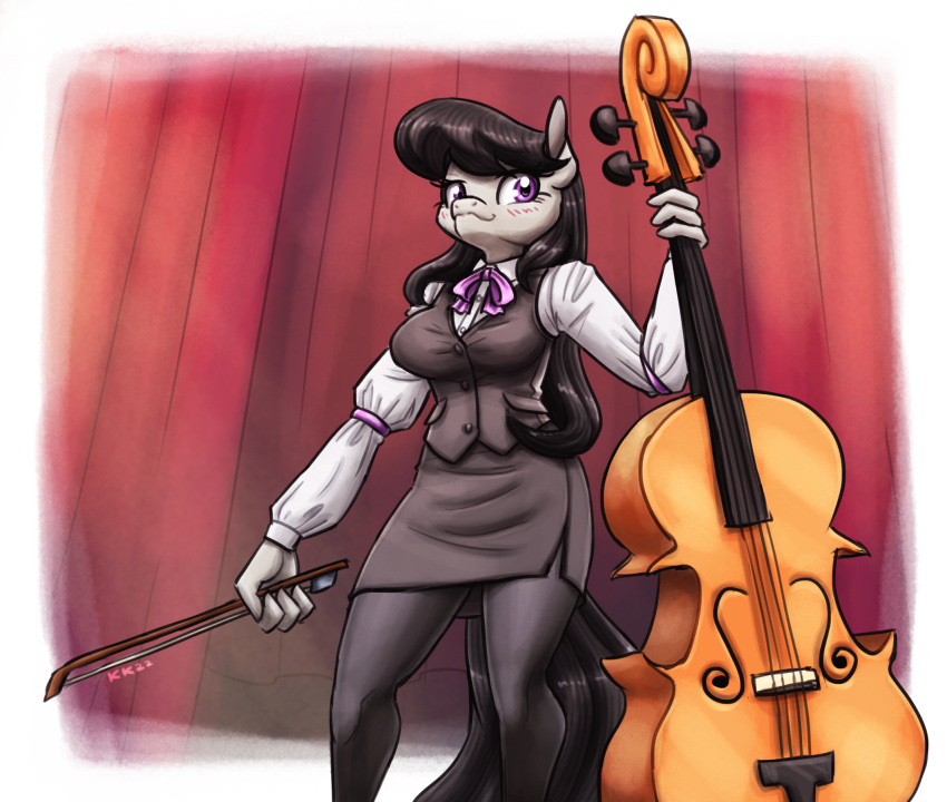 2022 anthro black_hair bottomwear bowed_string_instrument breasts cello clothed clothing earth_pony equid equine eyebrows eyelashes female friendship_is_magic fur grey_body grey_fur hair hasbro hi_res horse king-kakapo legwear long_hair looking_at_viewer mammal musical_instrument my_little_pony octavia_(mlp) pantyhose pony purple_eyes skirt solo string_instrument topwear