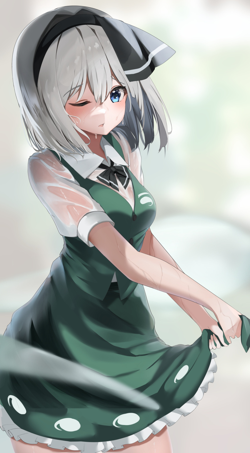 1girl 258n absurdres black_bow black_bowtie blue_eyes bob_cut bow bowtie collared_shirt frilled_skirt frills green_skirt green_vest highres hitodama_print konpaku_youmu one_eye_closed puffy_short_sleeves puffy_sleeves shirt short_hair short_sleeves simple_background skirt skirt_set solo touhou vest wet wet_clothes white_background white_hair white_shirt wringing_clothes