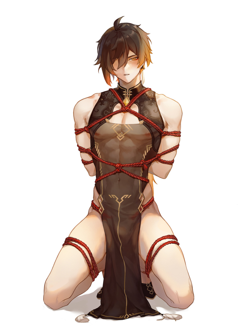 1boy abs alternate_costume arms_behind_back bdsm black_hair bondage bound brown_hair bulge covered_navel crossdressing cuu1333 dress earrings genshin_impact hair_between_eyes highres jewelry long_hair makeup male_focus multicolored_hair nipples orange_eyes orange_hair parted_lips pectorals pelvic_curtain ponytail red_rope rope see-through shibari simple_background single_earring sleeveless sleeveless_dress solo squatting tassel tassel_earrings toned toned_male white_background zhongli_(genshin_impact)