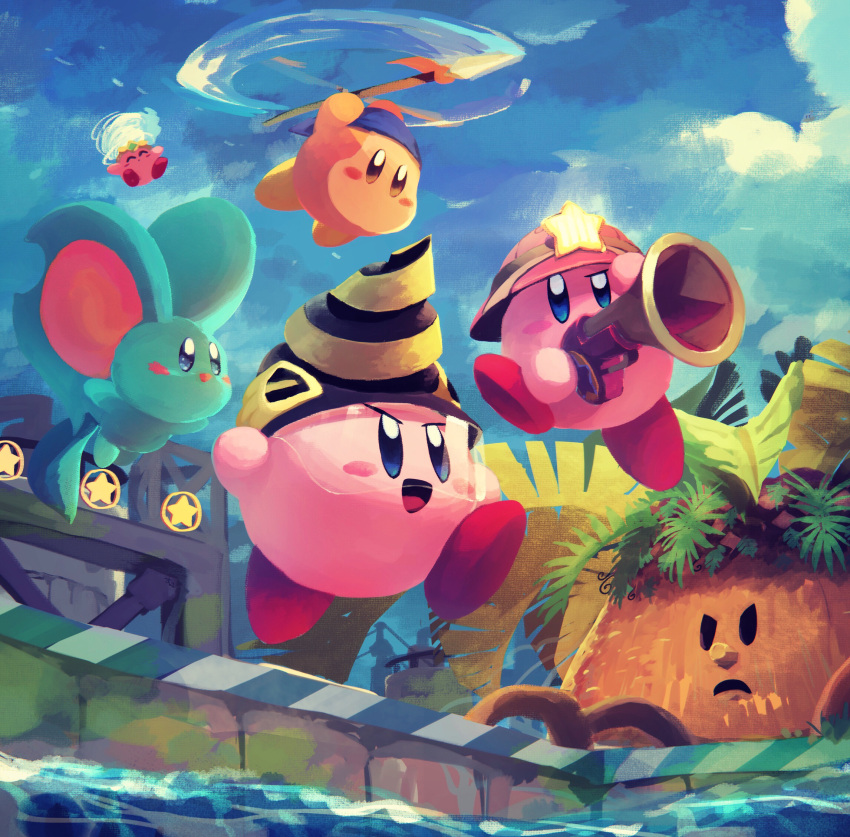 character_request closed_eyes cloud cloudy_sky copy_ability drill elfilin flying frown gun helmet highres kirby kirby_(series) kirby_and_the_forgotten_land looking_to_the_side open_mouth polearm sky spear star_(symbol) suyasuyabi tongue tornado waddle_dee walking water weapon