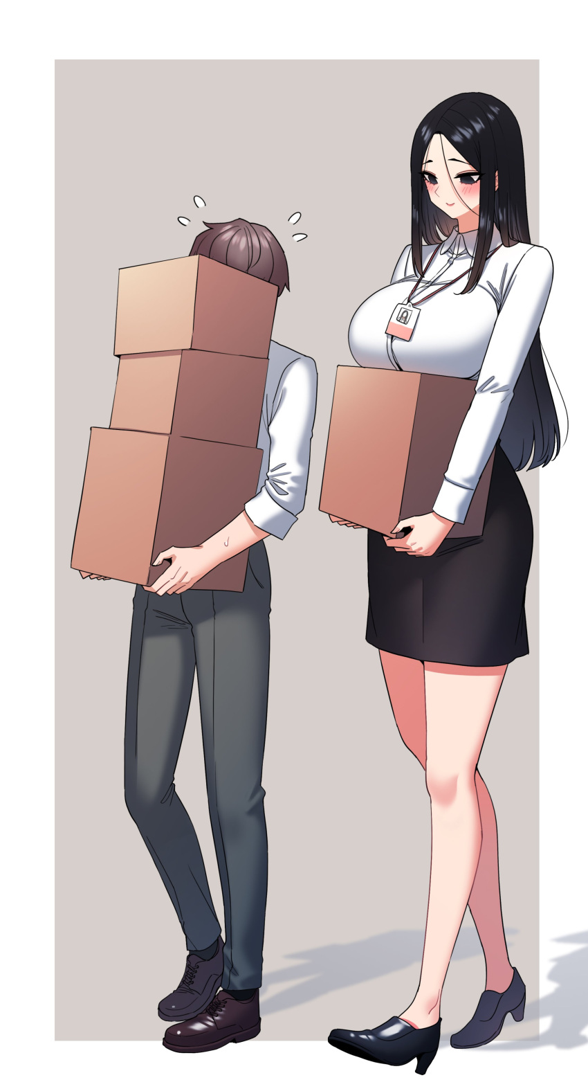 1boy 1girl absurdres black_hair black_pants black_skirt blush box breast_rest breasts brown_hair flying_sweatdrops full_body height_difference highres holding holding_box id_card lanyard large_breasts long_hair original pants shadow shirt simple_background skirt sleeves_rolled_up sungwon tall_female two-tone_background white_shirt