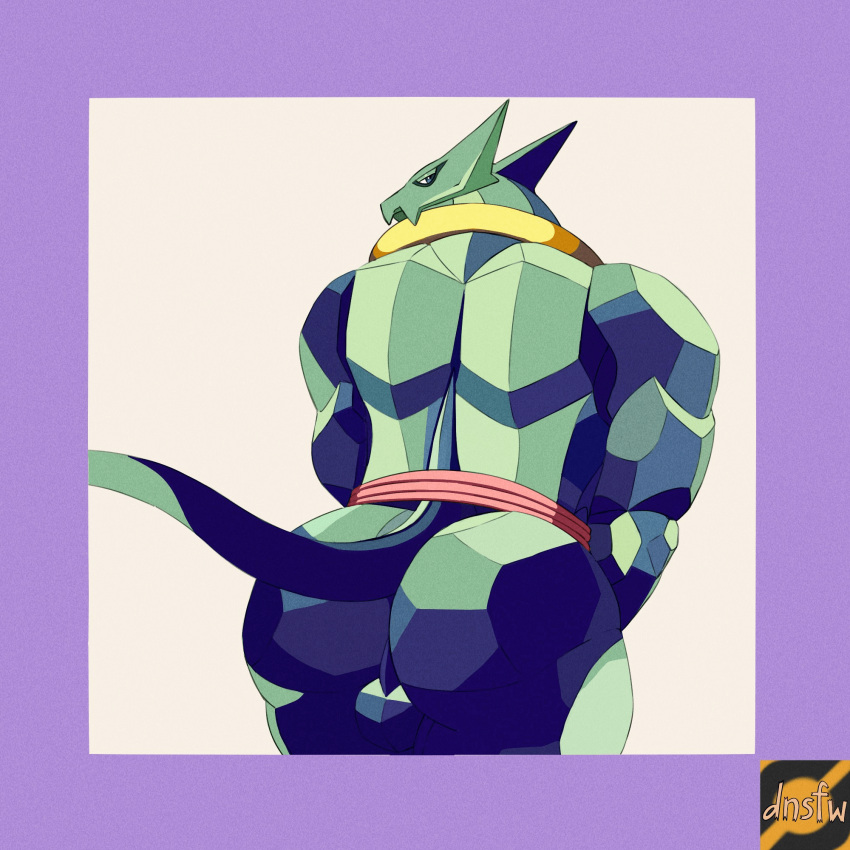 anthro butt darknsfwindie fighting_game green_body gunter_(galaxy_fight) hi_res looking_back male muscular presenting presenting_hindquarters raised_leg sash scalie snk video_games