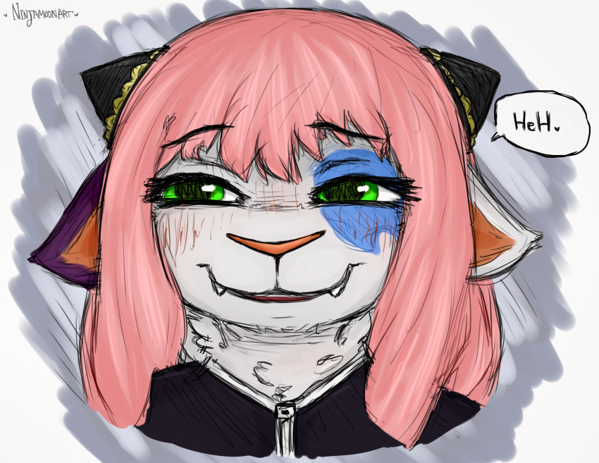 anthro calico_cat domestic_cat felid feline felis female hi_res mammal melanie_(kojondian) meme mottled neck_tuft ninjamoon piebald sketch smug smug_expression smug_eyes smug_face smug_grin solo teeth tuft wig