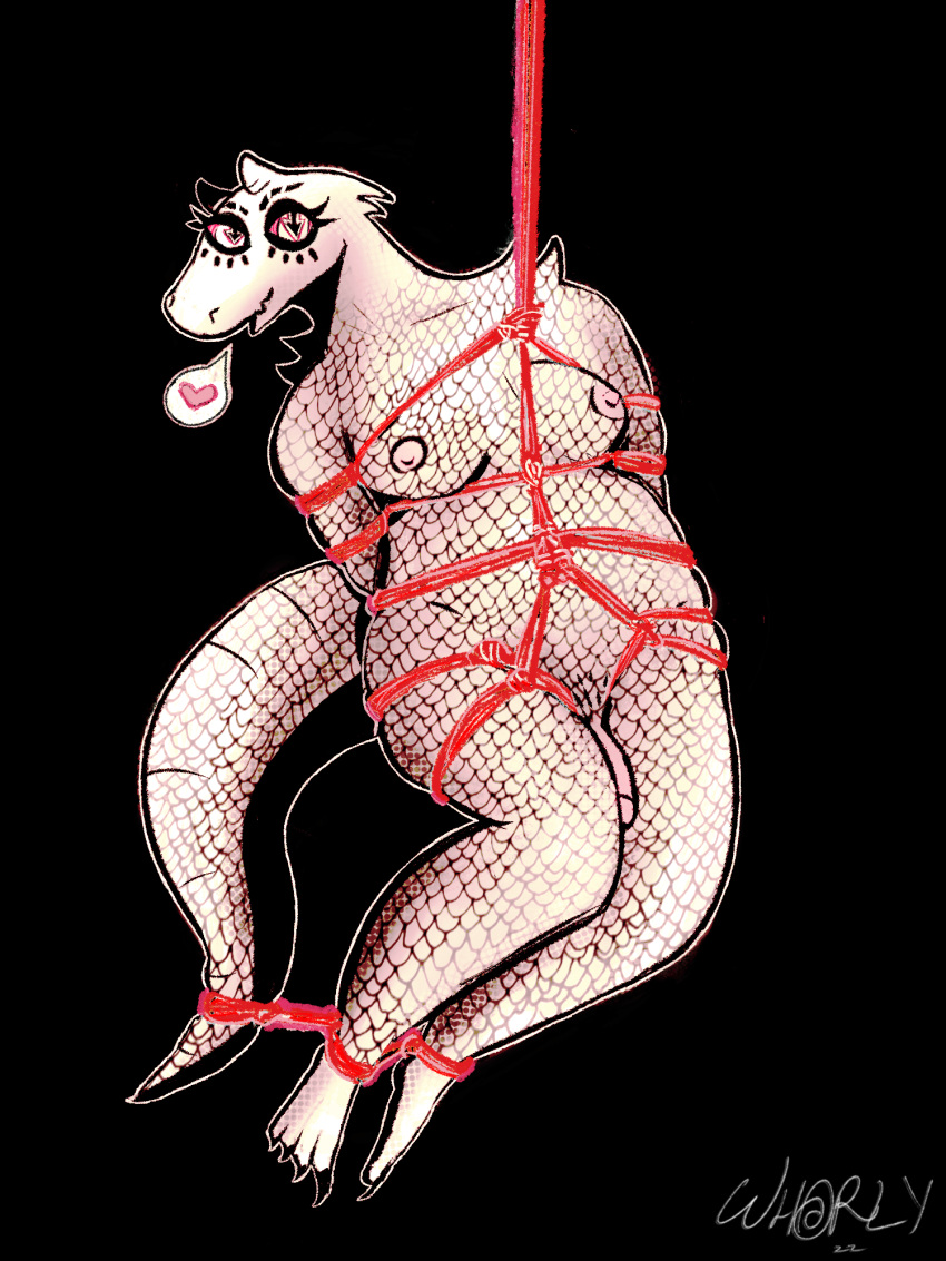 anthro bdsm big_tail bondage bound claws genitals girly happy hi_res horn kobold nipples penis restraints rope rope_bondage rope_harness scales scalie solo suspension tail_bondage trans_(lore) trans_woman_(lore) whorlywhorl