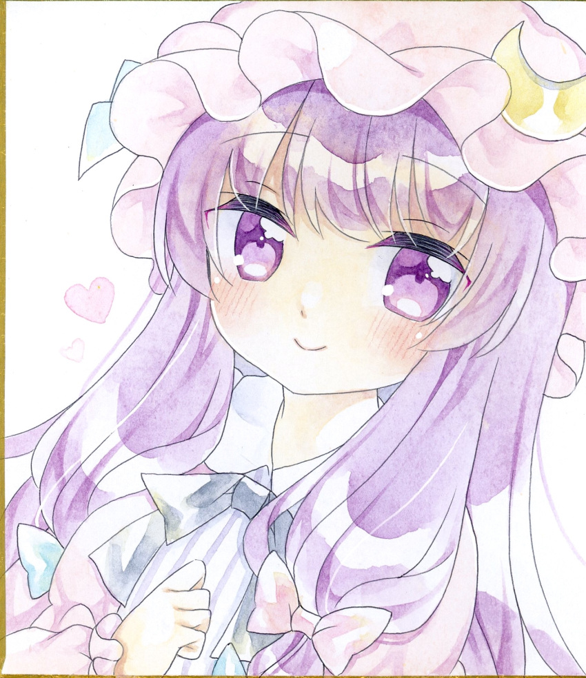 1girl black_bow black_bowtie blush bow bowtie closed_mouth collar commentary_request crescent crescent_hat_ornament eyebrows_visible_through_hair hat hat_ornament heart highres kagome_f long_hair looking_at_viewer mob_cap painting_(medium) patchouli_knowledge purple_eyes purple_hair shikishi smile solo touhou traditional_media upper_body watercolor_(medium)