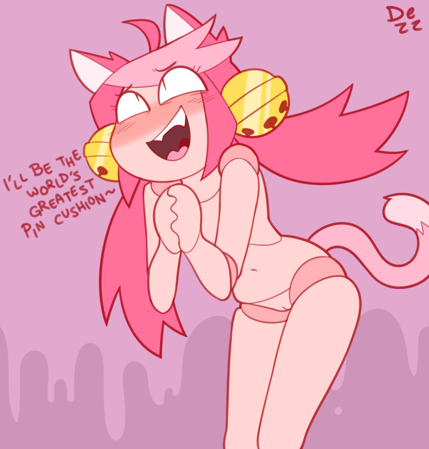 animate_inanimate anthro dezz dialogue doll felid feline female genitals hair hi_res humanoid living_doll mad_mew_mew mammal mew_mew_(undertale) nude pink_hair pussy solo teeth text undertale undertale_(series) video_games