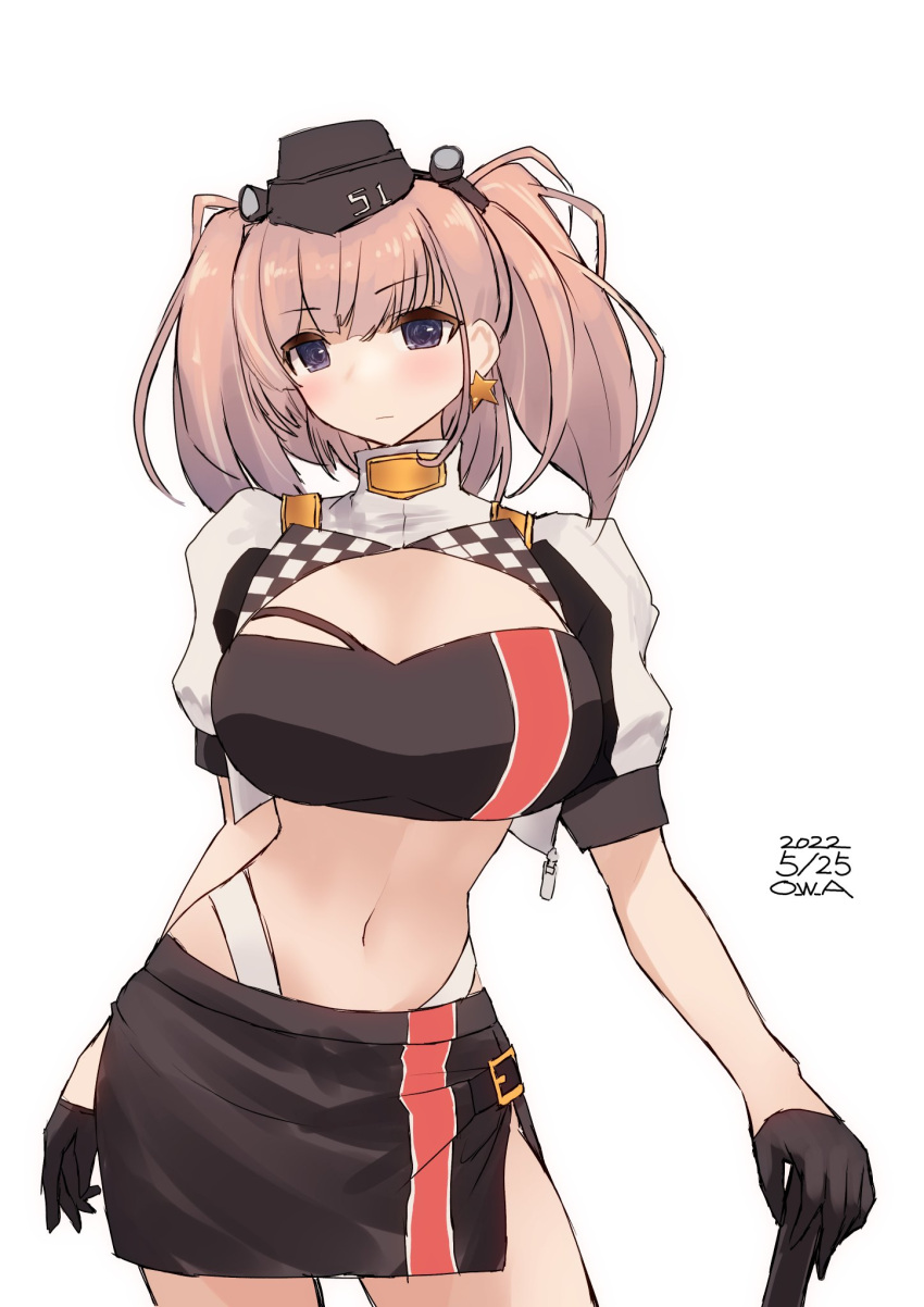 1girl alternate_costume artist_name atlanta_(kancolle) black_bandeau black_gloves black_headwear black_skirt breasts brown_hair commentary_request cosplay cowboy_shot cropped_jacket dated garrison_cap gloves gotland_(kancolle) gotland_(kancolle)_(cosplay) grey_eyes half_gloves hat highres jacket kantai_collection large_breasts long_hair looking_at_viewer midriff one-hour_drawing_challenge owa_(ishtail) race_queen shrug_(clothing) simple_background skirt solo standing two_side_up white_background white_jacket