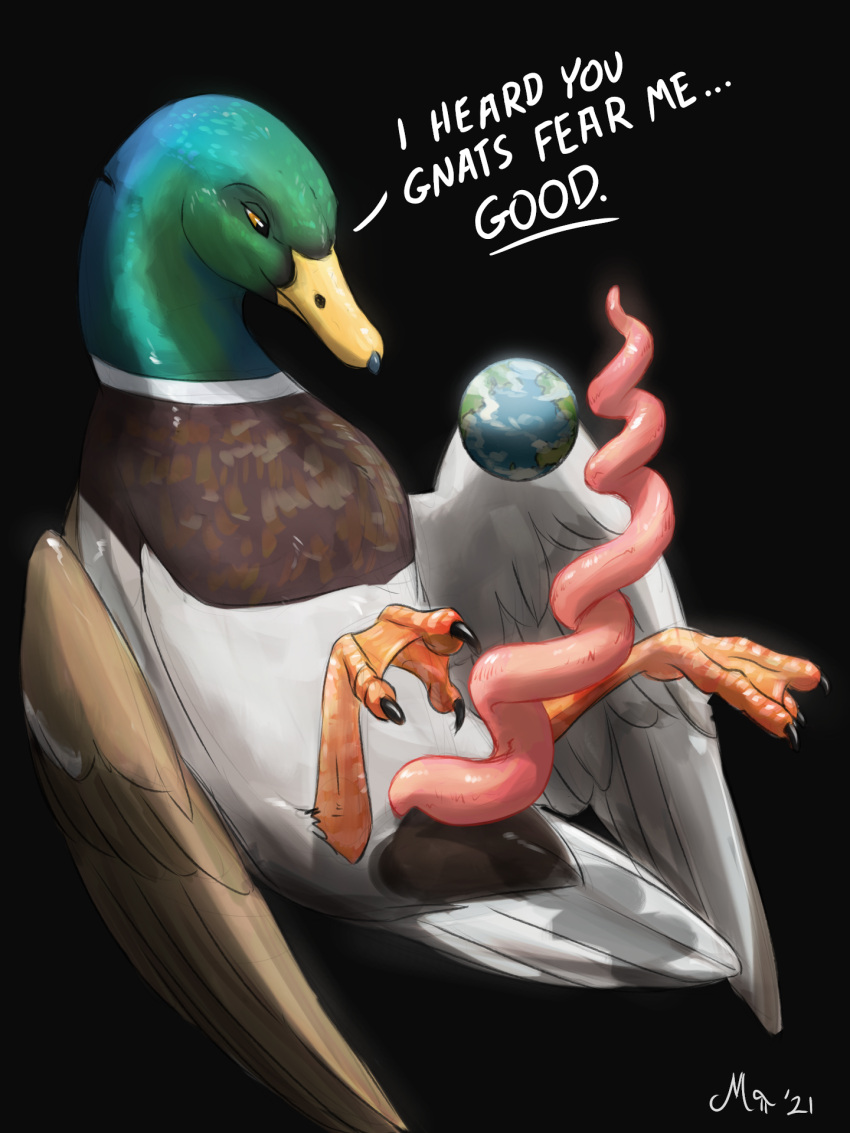 2022 3:4 3_toes anas anatid anseriform avian big_penis bird black_background dabbling_duck dialogue duck english_text feet feral genitals hi_res huge_penis hyper hyper_genitalia hyper_penis magpi male mallard membrane_(anatomy) penis pink_penis planet_earth signature simple_background solo spiral_penis text toes webbed_feet