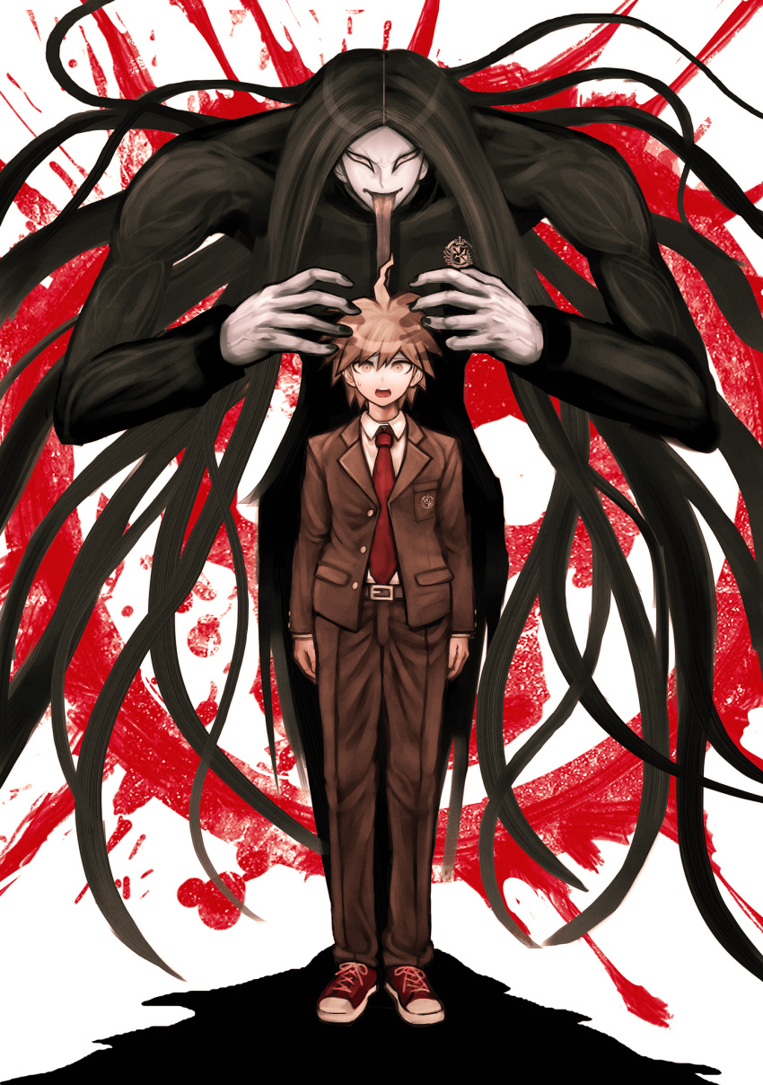 2boys biceps black_hair black_nails bodysuit brown_eyes brown_hair coat collared_jacket collared_shirt danganronpa/zero danganronpa_(series) highres jacket leather leather_pants long_hair looking_at_viewer madarai_isshiki male_focus multiple_boys muscular muscular_male naegi_makoto necktie nervous official_art pale_skin pants shirt shoes spiked_hair sweat sweatdrop tight tongue tongue_out