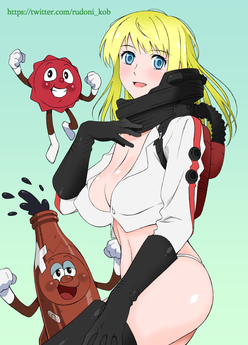 1girl absurdres black_gloves black_legwear blonde_hair blue_background blue_eyes breasts cleavage fallout_(series) fallout_4 gloves highres large_breasts long_hair nuka_cola rudoni simple_background solo twitter_username vault_girl web_address