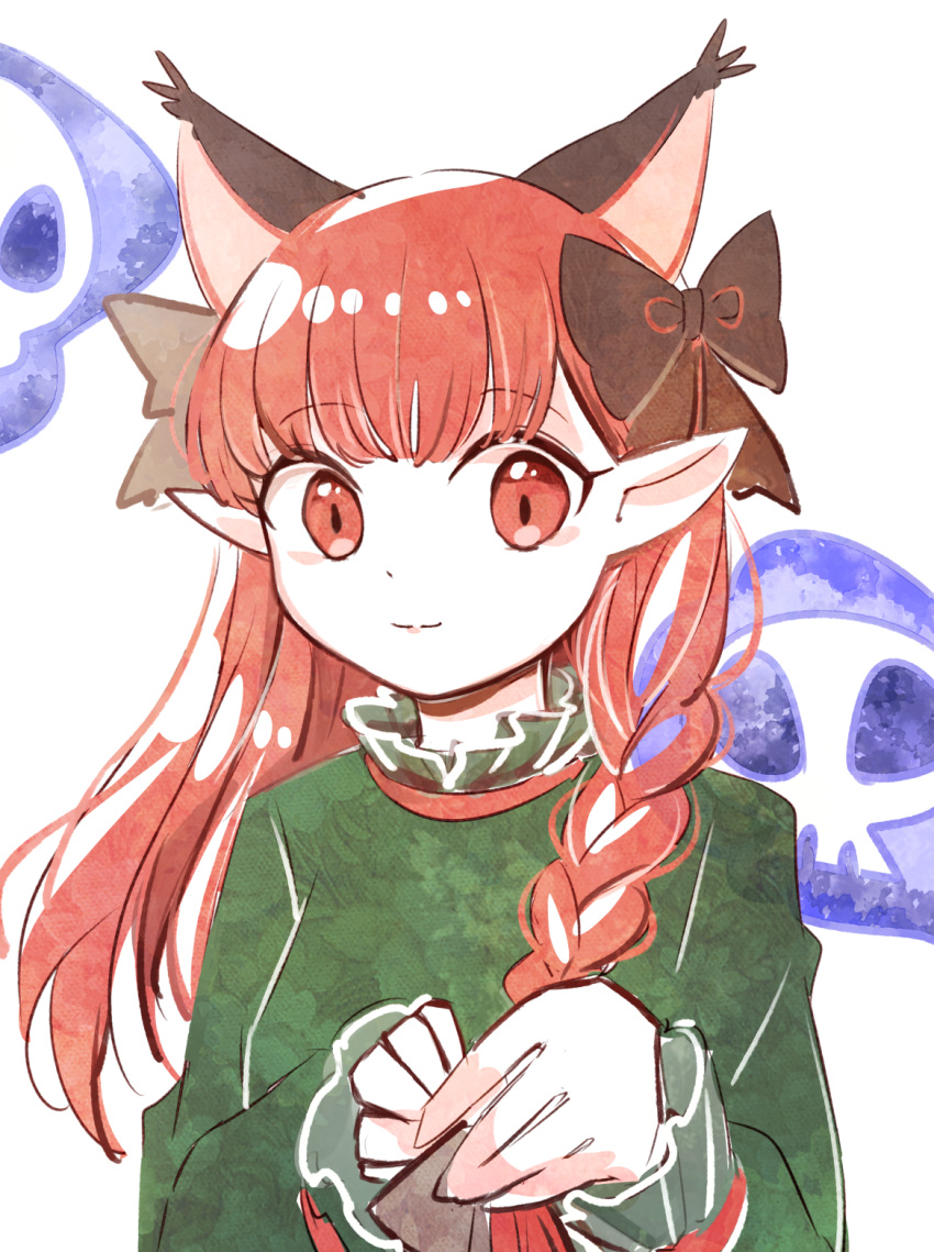 1girl :3 alternate_hairstyle animal_ears bangs bow braid cat_ears dress extra_ears eyebrows_visible_through_hair flaming_skull floating_skull green_dress hair_bow hair_down highres hiroshige_36 hitodama kaenbyou_rin long_hair long_sleeves looking_at_viewer pointy_ears puffy_sleeves red_eyes red_hair solo touhou twin_braids upper_body