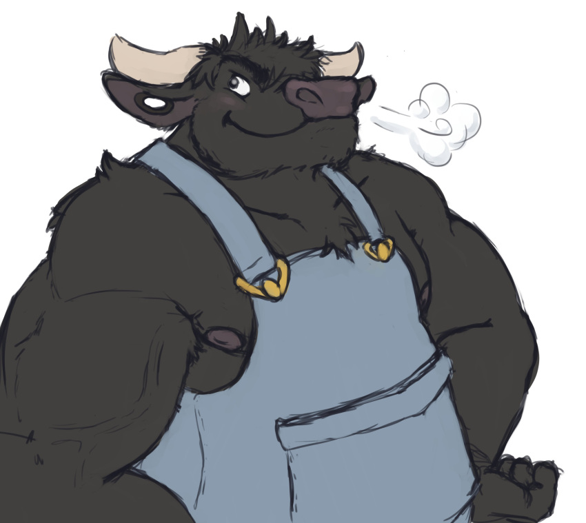 absurd_res anthro bovid bovine clothing ear_piercing european_mythology gauged_ear greek_mythology grin hands_on_hips hi_res looking_up male mammal minotaur minotaur_hotel musclegut mythology overalls piercing smile solo storm_(minotaur_hotel) venicethehedgehog